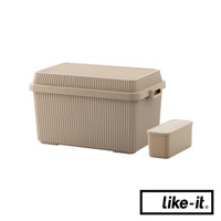 一個卡其色可疊式波浪紋收納箱，附有提把，旁邊有一個同款的卡其色6L小盒。