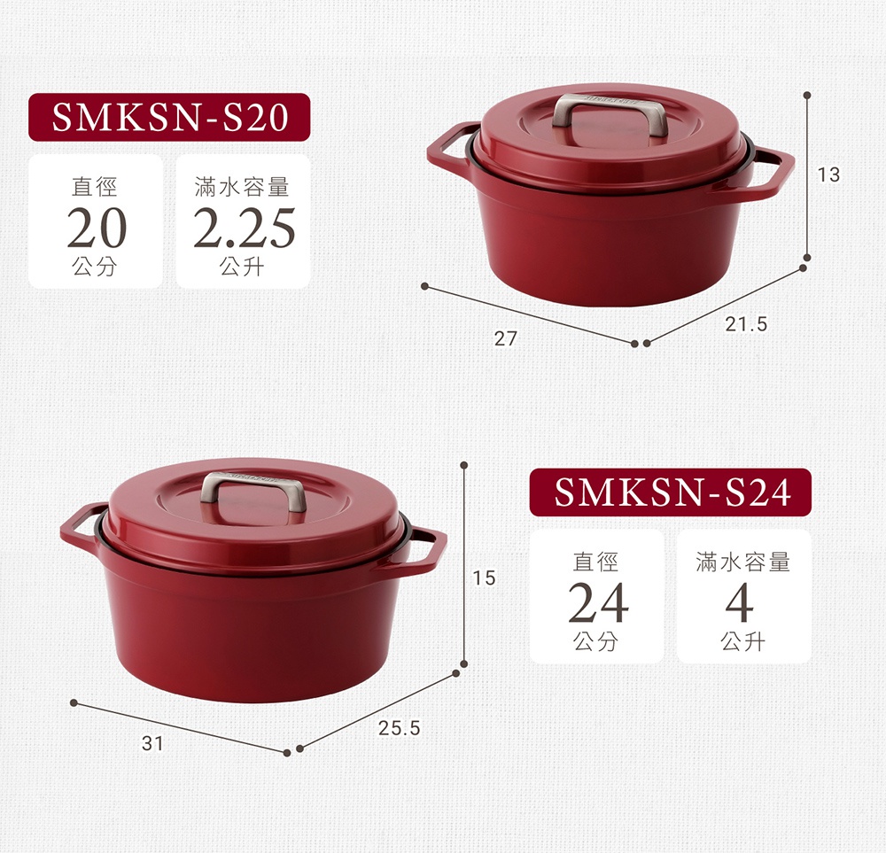 IRIS OHYAMA 萬用無水調理鍋 SMKSN-S20 直徑20公分 滿水容量2.25公升，SMKSN-S24 直徑24公分 滿水容量4公升。