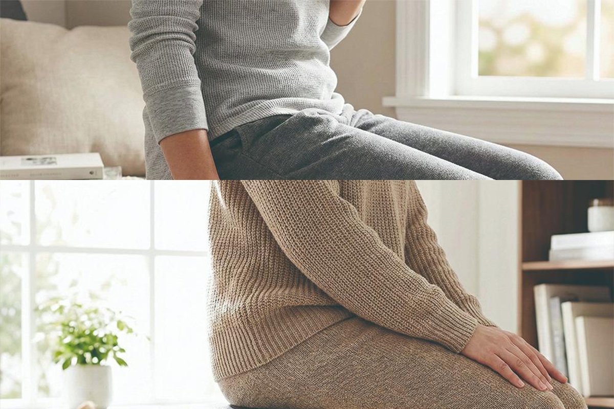 兩位人士穿著舒適的居家服飾，一人身穿灰色長袖上衣與長褲，另一人身穿駝色針織毛衣與長褲，坐在窗邊。