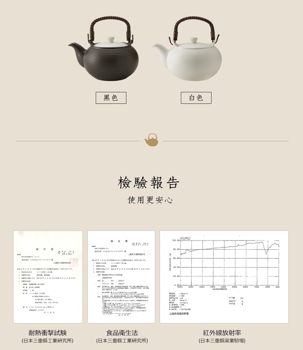 直火系列陶土茶壺，有黑色與白色兩款，皆為2公升容量，壺身為陶土材質，搭配編織提把。