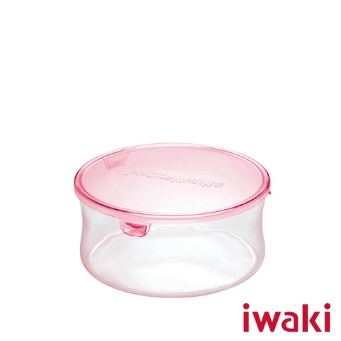 一個粉紅色蓋子的透明圓形耐熱玻璃保鮮盒，容量 380ml。