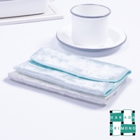 淺藍色與白色兩塊絨毛材質的廚房專用布疊放，布料柔軟蓬鬆，邊緣帶有淺藍色滾邊。背景為白色桌面，左側有白色方形盤，右側有白色馬克杯與白色盤子，杯子與盤子邊緣有灰色細線。