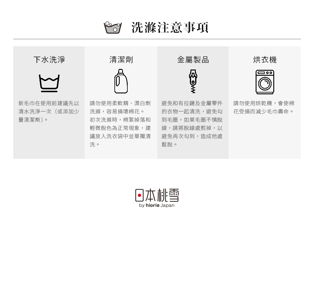 洗滌注意事項，包含下水洗淨、清潔劑、金屬製品、烘衣機等四項說明，下方有日本桃雪品牌標誌。