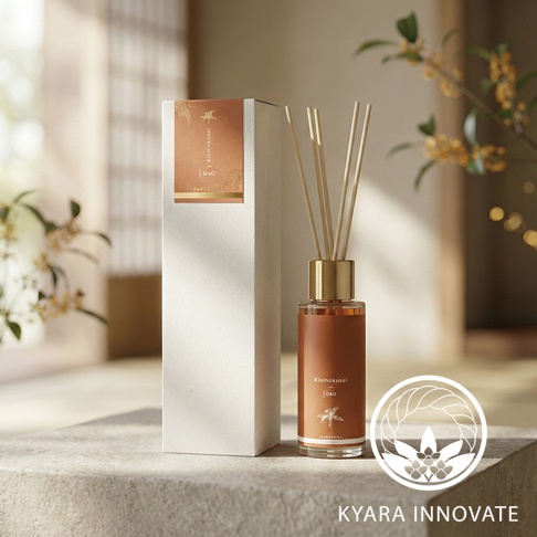 KYARA INNOVATE Kinmokusel Joao 香氛擴香竹，以簡約設計陳列於仿石紋表面，搭配背景日式窗景與枝頭黃花，整體氛圍溫馨雅緻