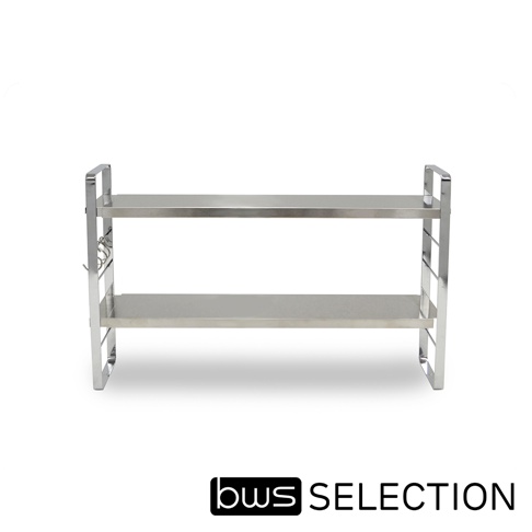 不鏽鋼雙層收納架，配有三個S型掛勾，架身為銀色，呈現簡潔實用的設計。