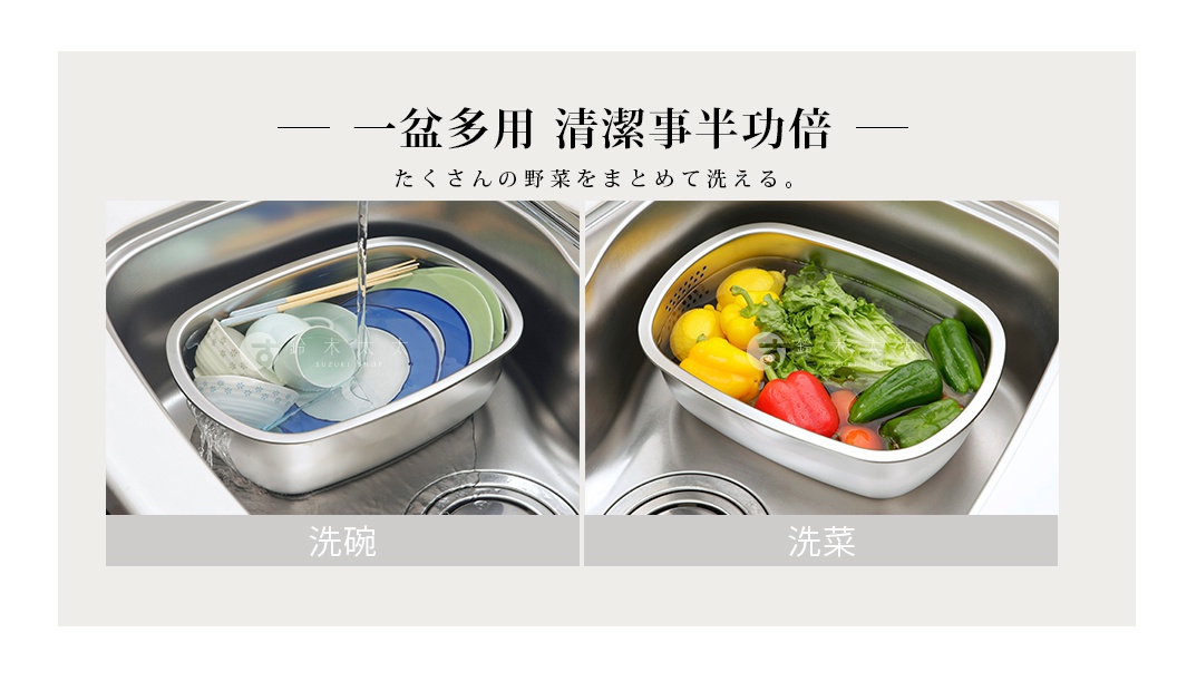 不鏽鋼水槽用洗菜洗碗盆，左圖展示盆內裝有碗盤和筷子，水流從上方沖下；右圖展示盆內裝有各式蔬菜水果，如檸檬、甜椒、生菜、小黃瓜等，盆邊有孔洞設計。
