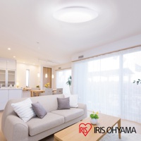 客廳天花板上安裝著一個白色圓盤 LED 吸頂燈，燈光柔和。下方擺放著一張米白色布藝沙發，上面有幾個抱枕。沙發前有一張木質茶几，上面放著一個綠色盆栽。室內光線明亮，透過大片落地窗灑入，營造出溫馨居家感。