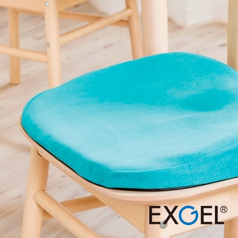 THE OWL 3D進階款坐墊，採用天藍色絨面材質，柔軟舒適，搭配淺木色椅凳。