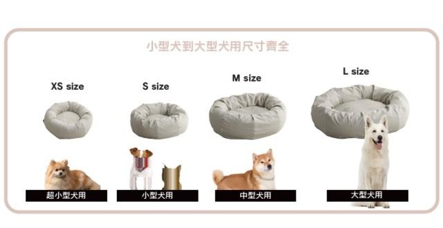 這張圖片展示了日本hanalolo寵物懶骨頭的四種尺寸對照，由左至右分別為XS、S、M與L號，底部分別對應超小型犬、小型犬、中型犬與大型犬的示意圖，顯示出從小型到大型犬皆有適用的完整尺寸選擇。