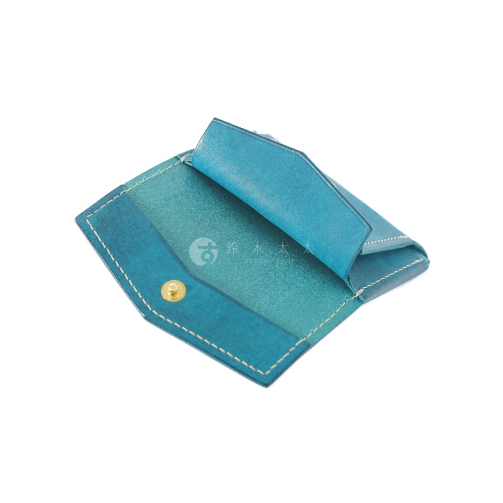 北海道KASANE職人手作義大利Margot皮革迷你雙折短夾，藍綠色，內有金色按扣。
