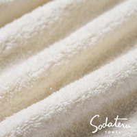 蓬鬆柔軟的淺米色毛巾特寫，毛圈細緻，布料有自然垂墜感，右下角有品牌Logo「Sodateru TOWEL」。