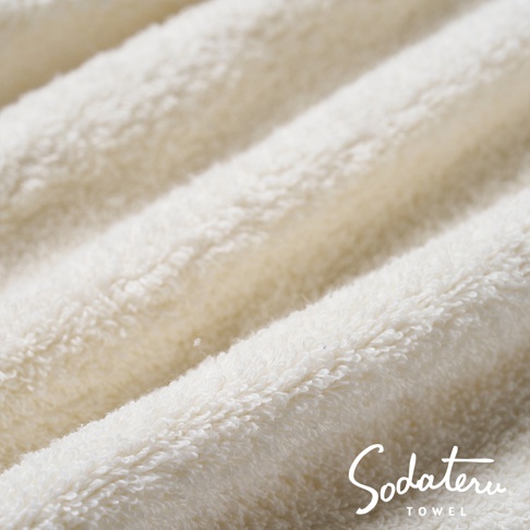 蓬鬆柔軟的淺米色毛巾特寫，毛圈細緻，布料有自然垂墜感，右下角有品牌Logo「Sodateru TOWEL」。