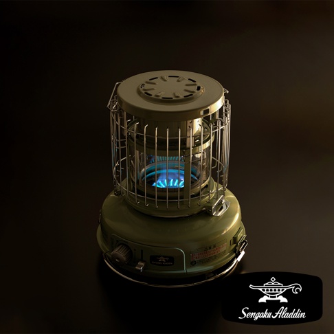 軍綠色卡式瓦斯暖爐，配有玻璃觀賞窗，內部燃燒著藍色火焰，外部框架為金屬網罩，整體為圓潤的復古造型。