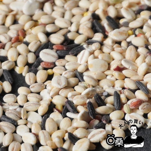 日本國產十六穀米特寫，包含多種米類、穀物，如糙米、大麥、小米等，顏色有米白、淺褐、深褐、黑色、紅色、黃色等，質地乾燥。