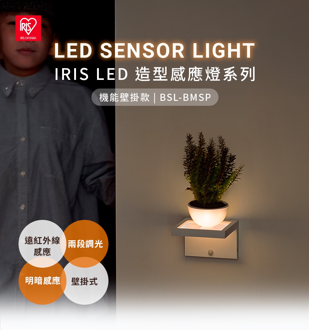 IRIS OHYAMA LED 造型感應燈，機能壁掛款 BSL-BMSP，具有紅外線感應、兩段調光及明暗感應功能