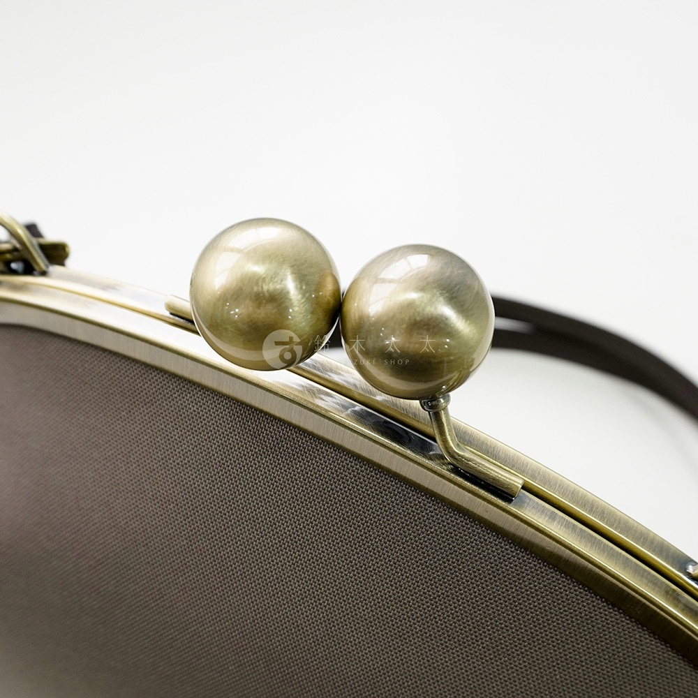 一個古董金屬口金包的特寫，帶有兩個圓形球形扣子。