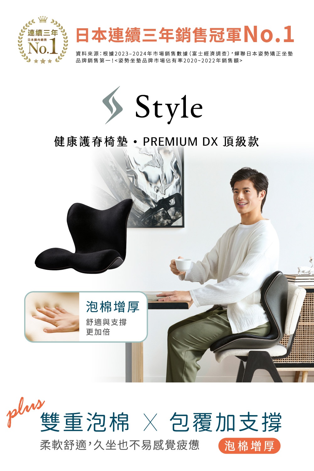 Style PREMIUM DX 頂級款健康護脊椅，強調連續三年日本銷售冠軍，並提供泡棉加厚，舒適支撐，以及雙重泡棉和包覆支撐，久坐不易疲倦。