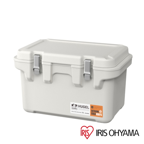HUGEL 真空隔熱冰桶 20L VITC-20，米白色塑膠材質，具備兩個銀色金屬扣環，側面有品牌標籤。