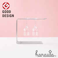 不鏽鋼製三桿抹布架，上方懸掛兩個透明玻璃酒杯，簡潔現代的設計。