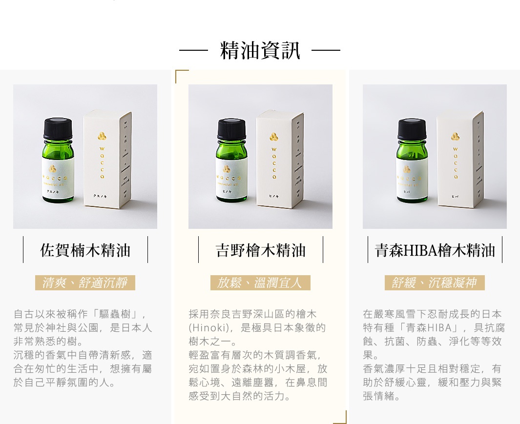綠色玻璃瓶裝有吉野檜木精油，瓶身有金色標籤，標籤上有「wacca」字樣和圖案。瓶旁擺放著白色紙盒包裝，盒子上同樣印有「wacca」字樣。