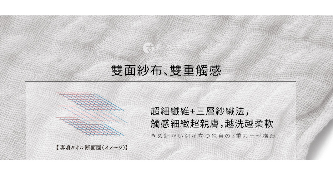 三層紗純棉材質的掛脖毛巾，展現了其細緻織法與立體結構，突出輕柔觸感。