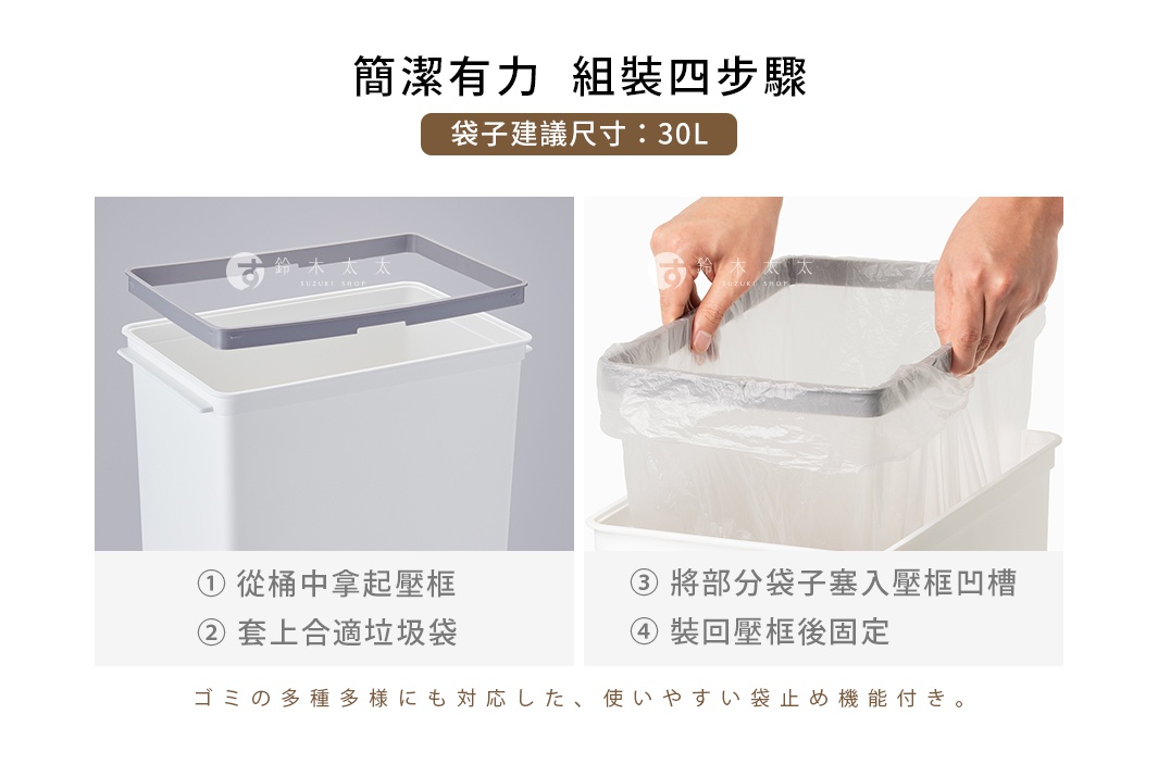 白色塑膠矮版垃圾桶，附有灰色塑膠固定框，用於固定垃圾袋。圖片展示了垃圾袋的安裝步驟。