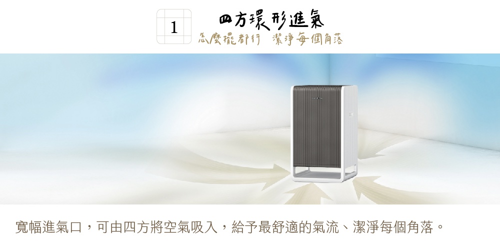 HYBRID混合式空氣清淨機，白色機身搭配深灰色網狀進氣面板，造型簡約現代，置於白色背景空間中，周圍有淡藍色與白色線條構成的氣流示意圖。