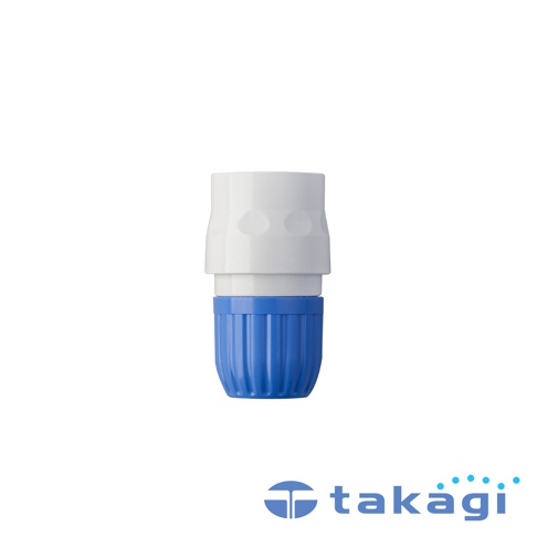 白色轉接頭頂部有六個凹陷的圓形圖案，下方是藍色帶有縱向紋路的圓柱形部分，整體為塑膠材質。