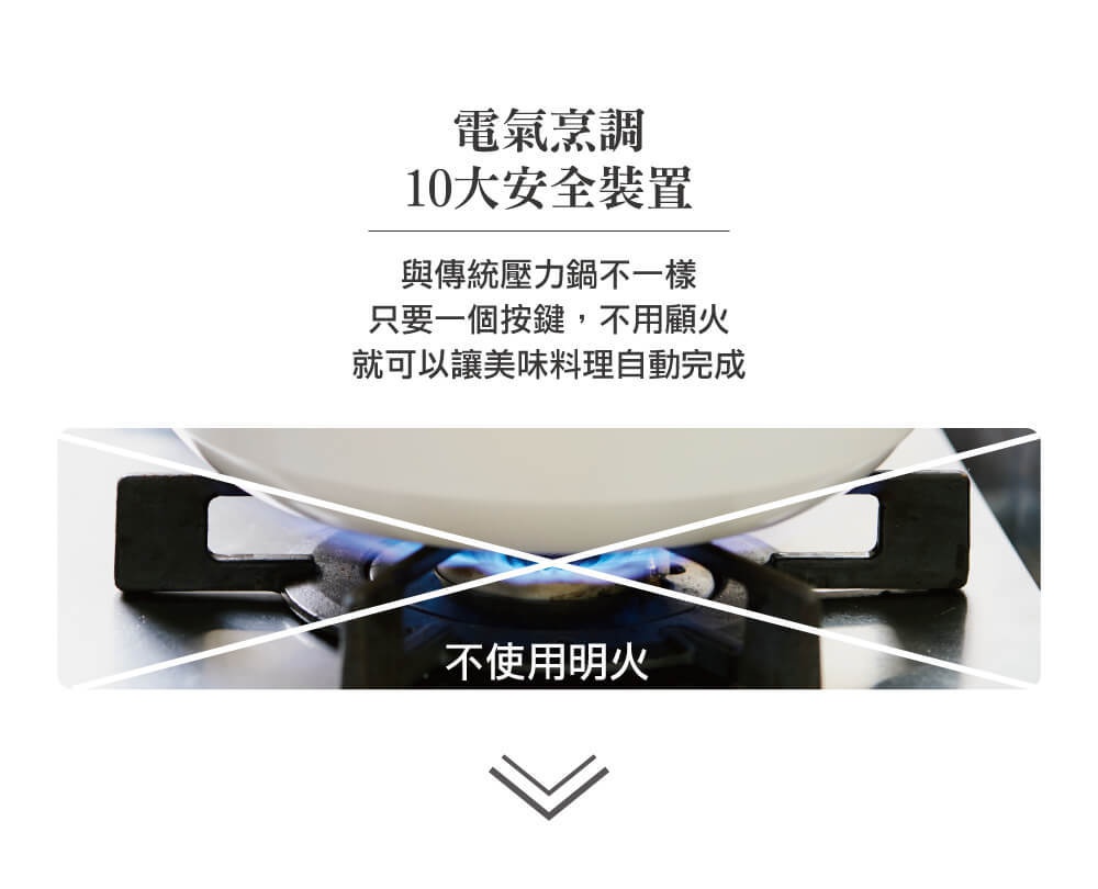 白色鍋具置於黑色爐架上，爐架有藍色火焰，顯示無明火烹調。