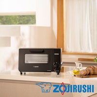 黑色簡約電烤箱，配有玻璃門和銀色把手，右側設有黑色旋鈕和按鈕。