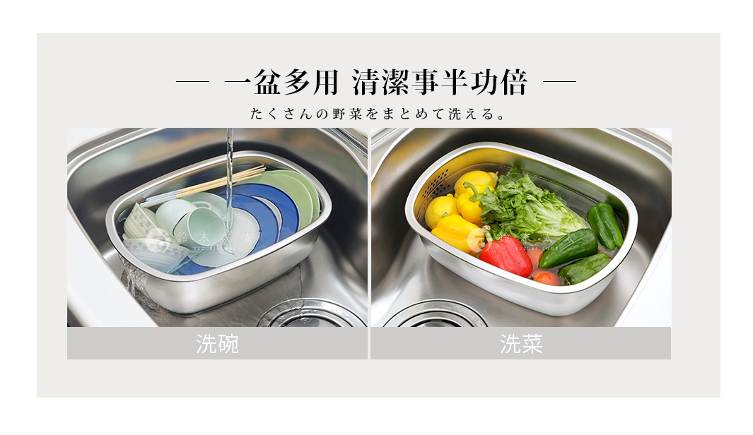 不鏽鋼洗菜洗碗瀝水籃，左邊是洗碗的場景，右邊是洗蔬菜水果的場景。
