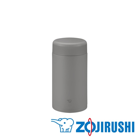 灰色不鏽鋼一體式杯蓋真空燜燒杯，帶有品牌標誌。