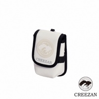 白色皮革高爾夫球收納腰包，黑色滾邊，正面有圓形品牌標誌和「CREEZAN」字樣，可用於掛在腰帶上。