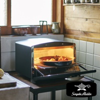 復古黑色多用途烤箱內，一個圓形烤盤盛有食物，烤箱門半開，內部散發溫暖光線。