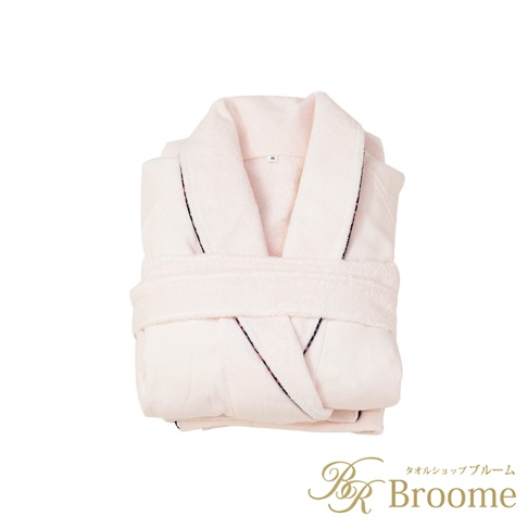 今治純棉浴袍，M號，淺粉色，帶有黑色滾邊和腰帶。