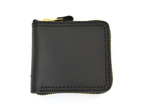 職人手作皮革全包式拉鍊短夾 (WS-40)，黑色皮革，全拉鍊開合，金色拉鍊，黑色縫線。