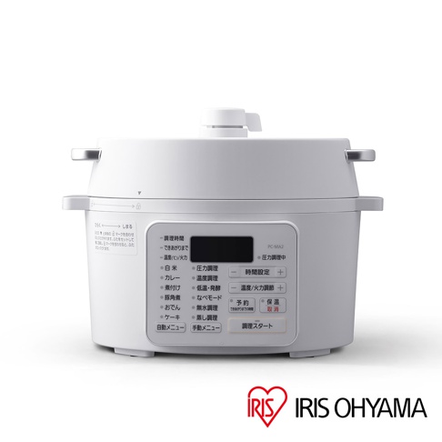 白色電子壓力鍋，型號PC-MA2，配有銀色提把和觸控面板，面板上有數位顯示螢幕及多種烹調選項按鈕，整體為圓潤的家電設計。