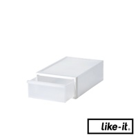 白色半透明塑膠抽屜式收納箱，側面有抽屜，可堆疊設計。