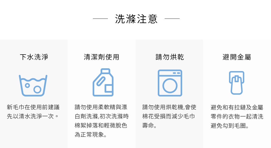 今治純棉可愛動物連帽浴巾（共2色）的洗滌注意事項，包含四個部分：下水洗淨、清潔劑使用、請勿烘乾、避開金屬。
