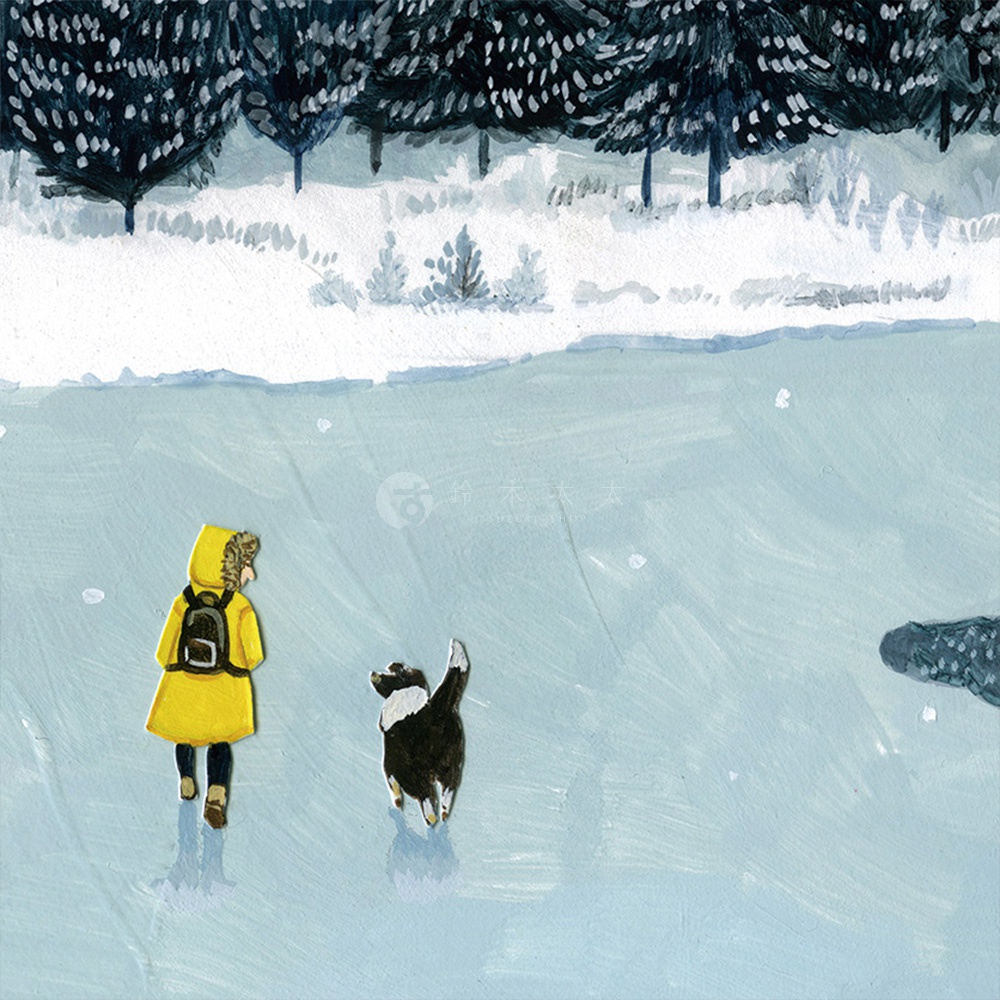 無框帆布藝術海報，描繪一個穿著黃色連帽外套、背著黑色背包的小女孩，和一隻黑白相間的狗在結冰的湖面上。背景為被雪覆蓋的松樹林。