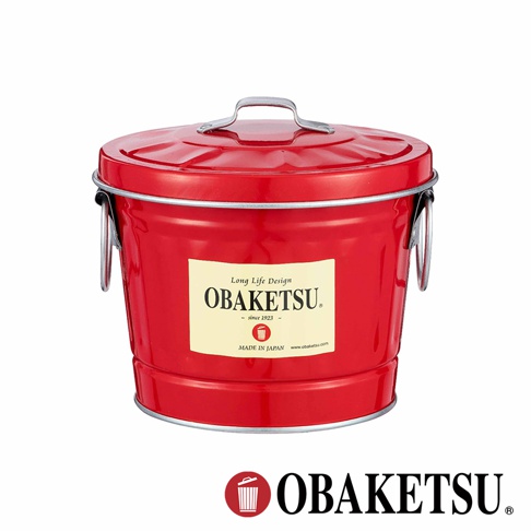 OBAKETSU 品牌紅色手工製迷你儲物桶，上面印有品牌標誌和「Long Life Design」、「since 1923」、「MADE IN JAPAN」等字樣。