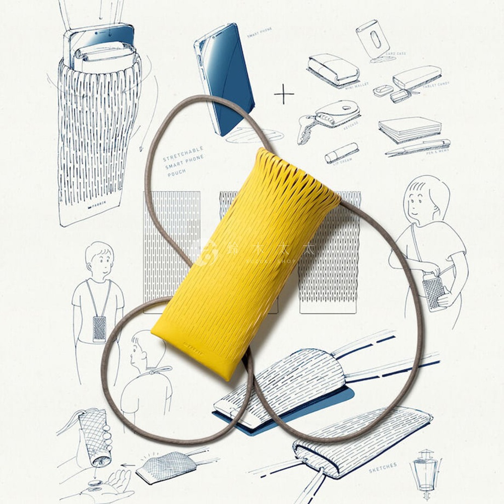 FABRIK 品牌皮革隨形貼合伸縮小包，黃色，附有彈性繩，周圍環繞著產品設計草圖，展示了手機、卡片夾、鑰匙和筆等配件。