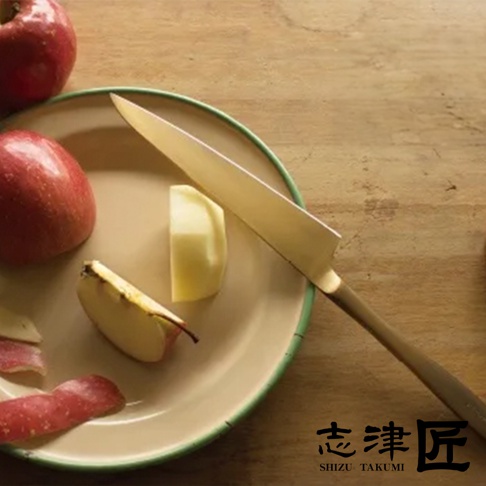 金屬質感的Pomme / Petit knife水果刀，刀刃鋒利，刀柄為深棕色。盤中有紅蘋果、蘋果塊及蘋果皮，盤子邊緣為綠色。