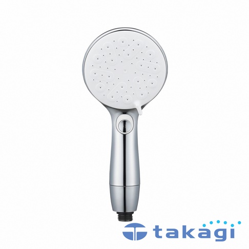 Takagi KIREIST 真淨水水霧蓮蓬頭 JS470MW，銀色金屬質感手把搭配白色噴水面，設有按壓式開關及底部接頭，下方標示 Takagi 品牌字樣。
