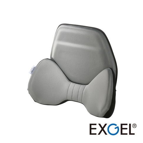 灰色汽車用背墊，由柔軟網狀織物製成，帶有獨特的蝴蝶形腰部支撐，可提供舒適的背部支撐。