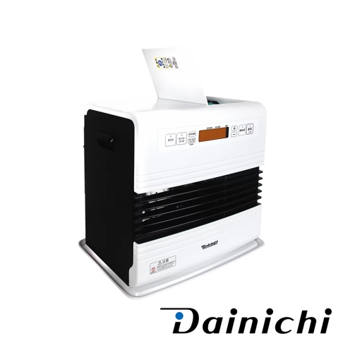 白色電子式煤油暖氣機，搭配黑色側板。機身上有數位顯示螢幕、功能按鈕及警示標誌。產品底部為白色底座。