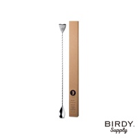 長柄不鏽鋼調酒攪拌匙，一端為有紋路的三角形濾網，另一端為長形湯匙，帶有螺旋紋路的金屬桿，整體呈銀色。