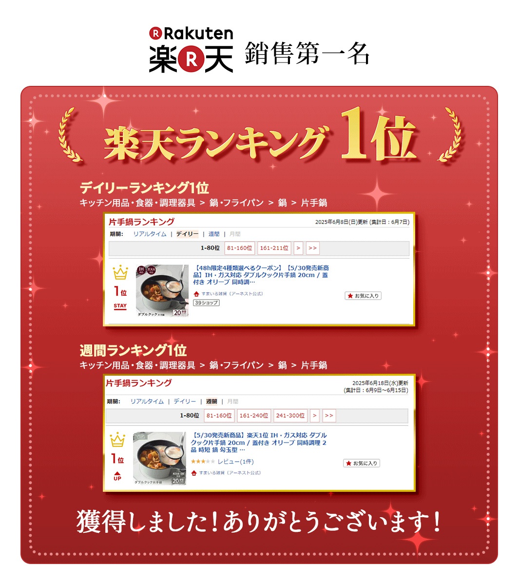 Rakuten 樂天市場 2025年6月8日 鍋類商品銷售排行榜第一名，包含Daily排行榜與Weekend排行榜，以及對應的片手鍋類別的商品詳細資訊。