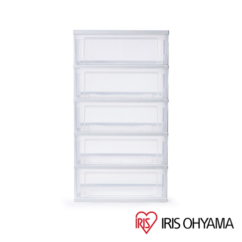 日本IRIS OHYAMA五層抽屜式透明收納櫃，採用透明塑膠材質，白色邊框，可堆疊設計，適合居家收納。