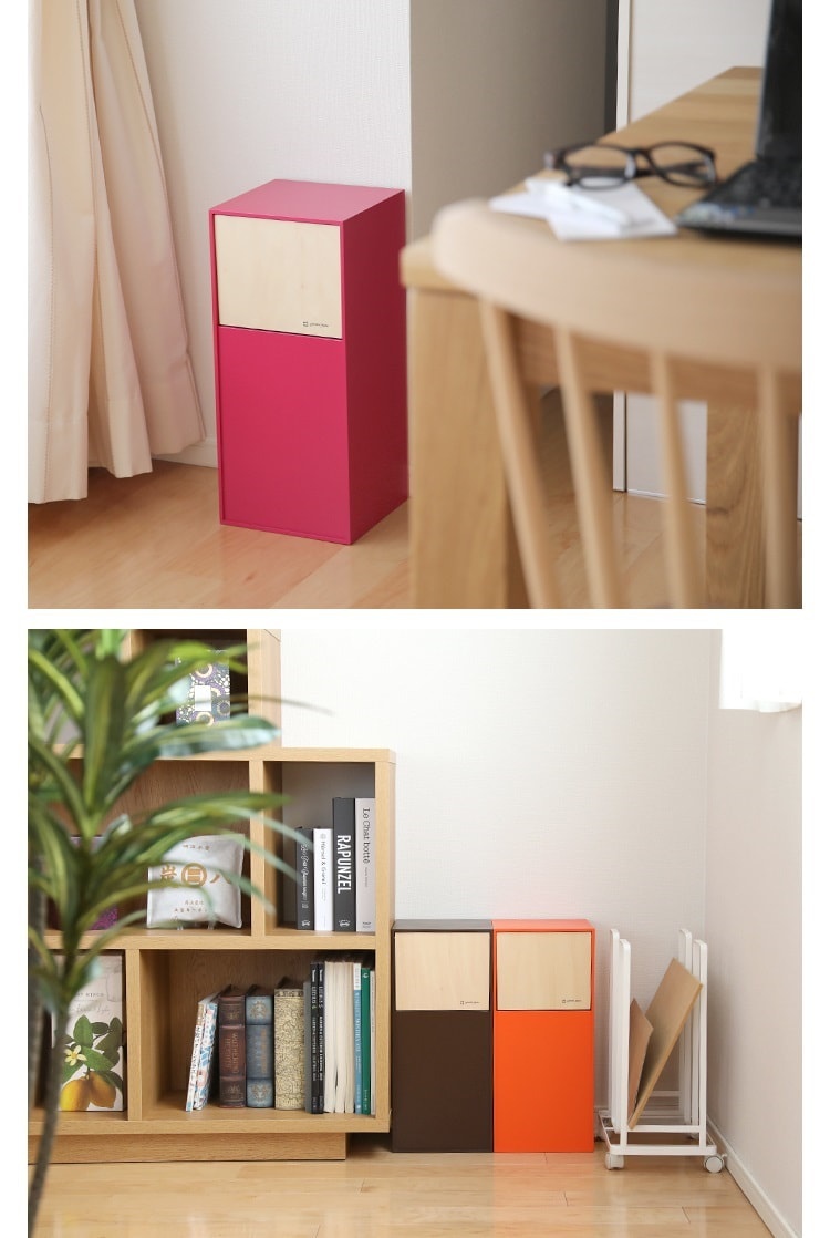 DOORS mini 迷你垃圾桶，純手工木製，前開式設計，容量8公升。圖片展示了桃紅色與原木色組合的款式，以及深棕色與橘色組合的款式，適合居家或辦公室空間。